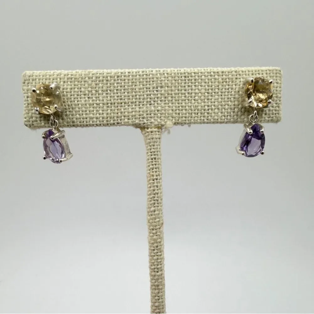 NWOT 9x6mm Amethyst and 7mm citrine dangle earrings in‎ sterling silver!